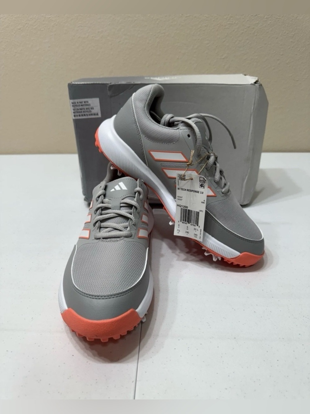 adidas HQ1200 Womens White/Gray/Coral Tech Response 3.0 Spikes Golf Shoes 7.5